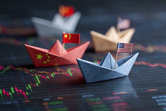 Origami boats with flags on stock market chart - Powered by Adobe