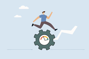 Work performance evaluation, determined entrepreneur sprinting intensely to rotate calculated gear.