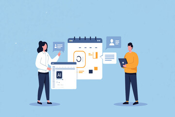 Team collaborating on a project, planning and using technology together