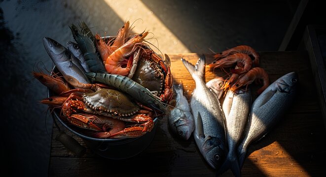 An assortment of fresh seafood, including fish, prawns, and crabs, displayed on a wooden surface under dramatic lighting.