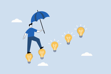 businessman walking with innovative light bulb idea lamp as ladder of success.