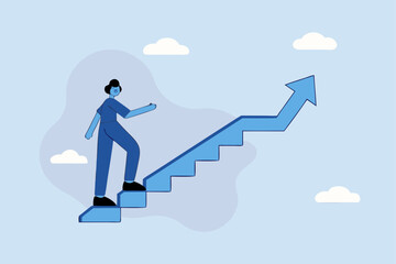 businesswoman taking small step while walking up stairs with arrow pointing up.