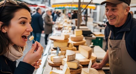 Woman tasting cheese at a bustling outdoor market stall, interacting with a friendly vendor.