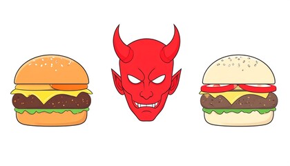 Two burgers flank a red cartoon devil head on a clean, crisp white background