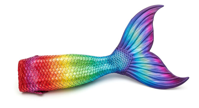 A vibrant rainbow mermaid tail, isolated on white background, shimmers with iridescent scales, capturing the magic and fantasy of underwater realms and mythical creatures