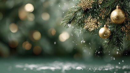 Elegant Christmas background featuring sparkling golden snowflakes and dark green pine tree branches with soft ambient light and bokeh effects