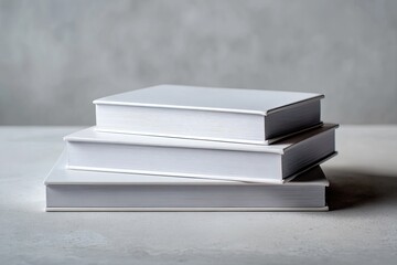 Stack of three blank white books on a gray surface