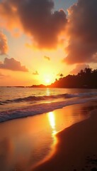 A sunset over the ocean with a reflection of the sun in the water.