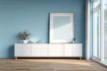 Fototapeta premium Light-filled room with a modern sideboard