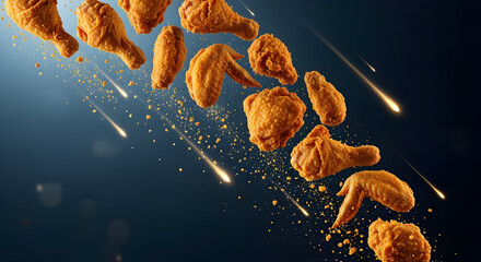 Crispy fried chicken wings and drumsticks falling like meteors on a blue background, showcasing golden, delicious flavor and fast food indulgence