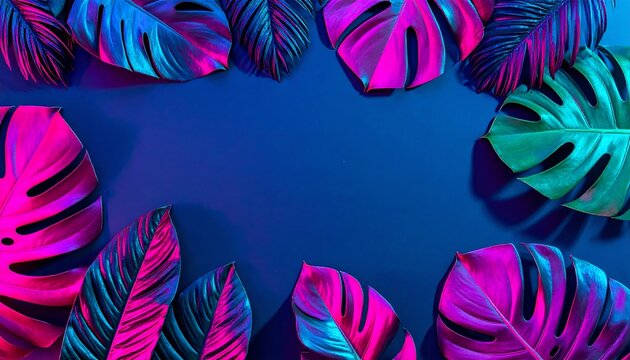 Vibrant tropical leaves in neon pink and blue light forming a frame on a dark blue background with copy space.