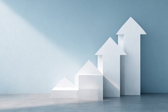 White ascending arrows on light blue wall