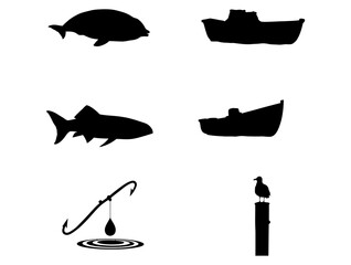 Versatile vector silhouettes for fishing, marine, and nautical themes, featuring aquatic life, boats, and gear