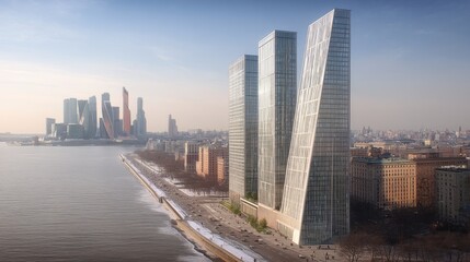 Fototapeta premium Modern skyscrapers by the river moscow aerial view urban landscape contemporary architecture