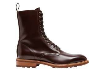 Isolated high ankle shiny boot is standing with laces, brown shiny leather and brown sole