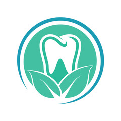 Teal and white tooth with leaves inside a circle logo dental health