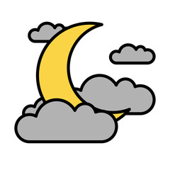 A yellow crescent moon partially covered by grey clouds, representing spooky Halloween nights and eerie skies