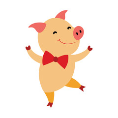 Happy Pig Dancing with a Red Bow Tie Cute Cartoon Illustration