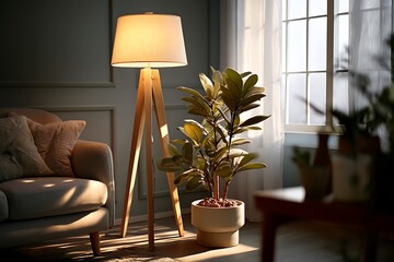 Sunlight streaming through a window, illuminating a modern living room with a ficus lyrata plant and a stylish floor lamp, creating a warm and inviting atmosphere.