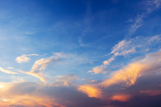 Sunset sky background. Panoramic view of sunset sky.