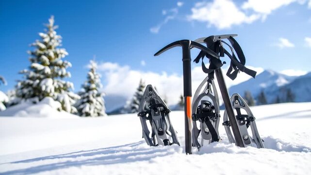 Winter Hiking Gear in Snowy Mountain Landscape