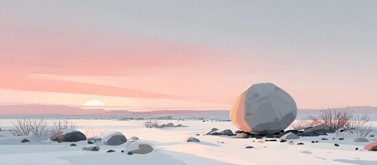 Surreal landscape featuring pink snow covered hills, a white sphere, and a setting sun in a dreamlike sky