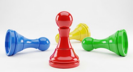 Four board game pawns in red, green, blue and yellow isolated on white background