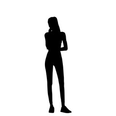 A full-body silhouette of a young woman in athletic attire, standing thoughtfully, is presented against a plain white background.