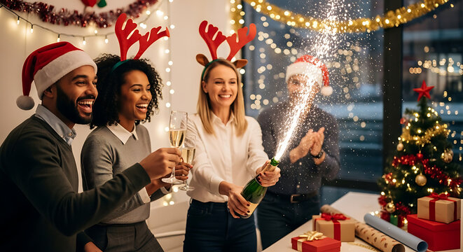 An office holiday party scene comes alive as colleagues celebrate the festive season with champagne, laughter, and holiday cheer. A warm scene is bathed in soft lighting. 