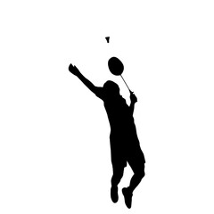 Dynamic silhouette of a badminton player mid-serve, set against a clean white background.