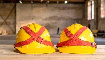 Two yellow hard hats with red chinstraps on a wooden surface in a warehouse