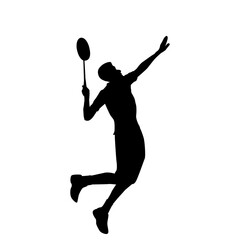 A bold, black silhouette of a badminton player leaping mid-shot, highlighting athleticism and energy against a plain white background.