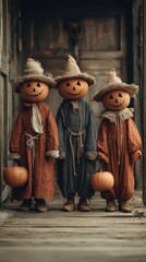 Pumpkin heads in harvest attire on porch
