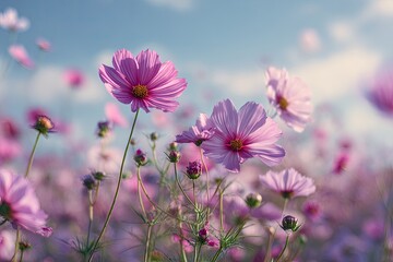Obraz premium Pink cosmos flowers in a field against a light blue sky