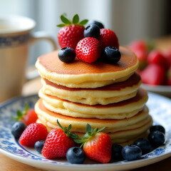 Fluffy Pancake Stack with Strawberries and Blueberries on White Plate