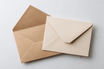 Two envelopes, one brown, one cream, on a light gray surface