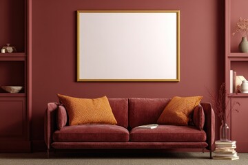 Red velvet sofa in a burgundy room