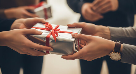A thoughtful exchange of wrapped gifts between hands with a red ribbon, capturing the spirit of sharing and celebration.