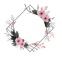 a round sticker with pink floral wreath and geometric frame design on white background,