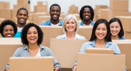 A diverse group of individuals from various walks of life stands amidst a backdrop of stacked cardboard boxes, their faces beaming with infectious smiles.