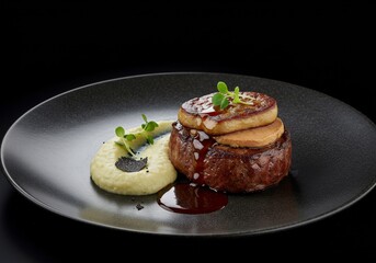 Elegant Steak Dish with Foie Gras, Truffle Mash, and Microgreens