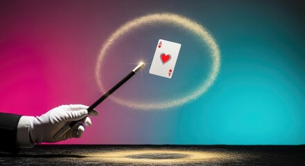 Magician performing card trick with wand and sparkling light effect
