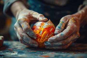 Close-up of paint-covered hands delicately shaping a vibrant, swirling art piece.