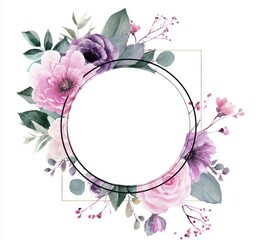 a round sticker with pink floral wreath and geometric frame design on white background,