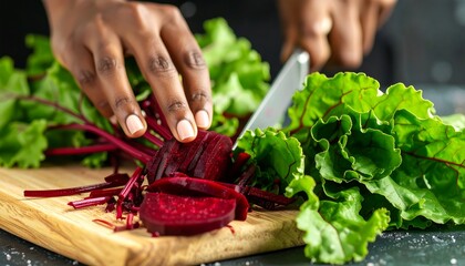 Hands slice vibrant beets on wood board, surrounded by fresh beet greens