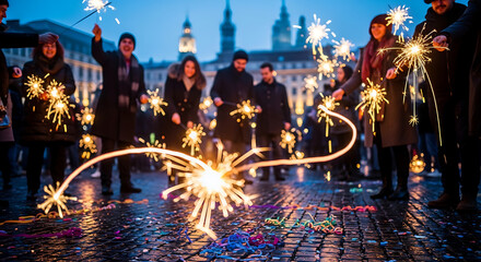 People light sparklers on city street at dusk, celebrating a festive occasion with joyful glee and dynamic patterns of light, captured with a long exposure.