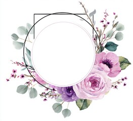 a round sticker with pink floral wreath and geometric frame design on white background,