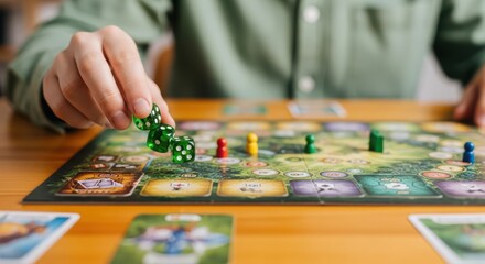 Person playing board game with dice and pawns on wooden table indoor