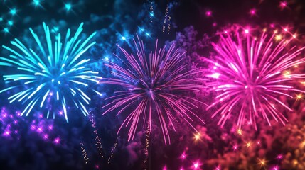 A vibrant display of colorful fireworks exploding in the night sky with bright light trails