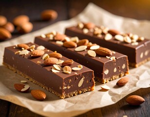 Chocolate almond bars on parchment paper